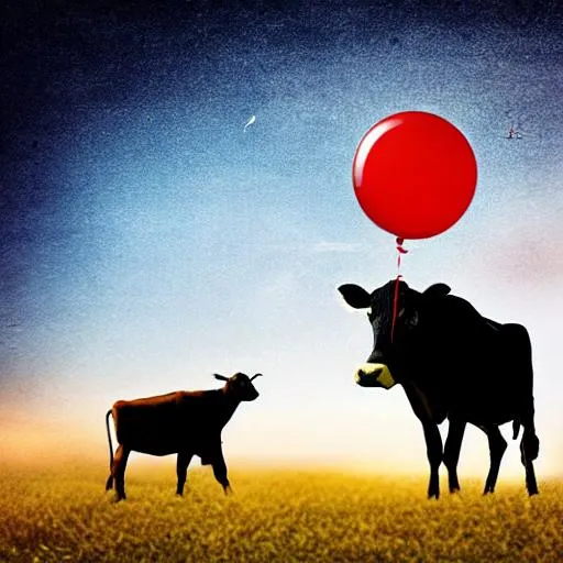 Prompt: cow attached to big red balloon, flying above earth, rocket boots, realistic