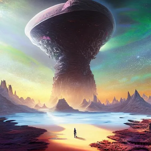 Prompt: an alien planet from where you can see earth through an epic portal, blackhole, heavenly blue landscape, red oceans, green mountains, bejeweled moon satellites, glitter, diamonds, fantasy by noah bradley, H.R. Giger, bokeh, award-winning art, UHD, HDR, concept art, extradimensional