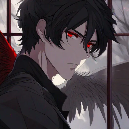 Prompt: Damien  (male, short black hair, red eyes) staring out the window, fallen angel
