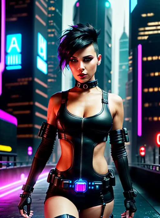 Prompt: Full length body, Ultra realistic photo of a woman, ultra detailed eyes, dreamy black colored eyes, dark brown colored eyes, cyberpunk assassin, round face, futuristic cityscape, short haircut, Mohawk, half Mohawk, cityscape, futuristic city, dramatic makeup,background, full length body, beautiful short black hair, neon lighting, pixie haircut black hair, crimson red lips, dark red lips, ultra detailed full lips, symmetrical, dark wide eyes, soft lighting, detailed face, by makoto shinkai, stanley artgerm lau, wlop, rossdraws, concept art, digital painting, most popular final photograph