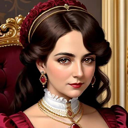 Prompt: Wealthy, stylish lady of the Victorian era, wearing ruby and gold jewelry, wearing ,facial closeup