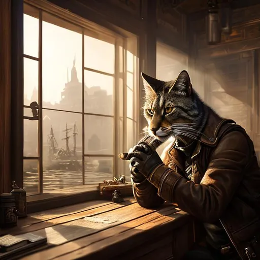 Prompt: Third-person, full body of character in view, sharp nose, kind eyes, and a wise expression, weathered and rugged, mechanical arm, smoking a cigar by the window, lights from blinds, Khajit, leather jacket, highest quality concept art masterpiece, oil painting, intricate details, professional, highly detailed,