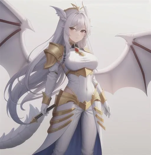 Prompt: White dragon knight, wings, large dragon tail, gold armor, woman, standing