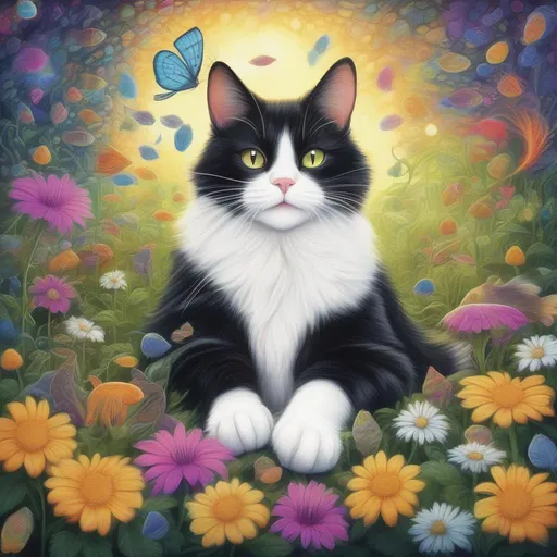 Prompt: gorgeous black and white cat, gorgeous tan tabby cat, laying in a field of catnip, highly detailed, glowing hairs, afternoon sunrays, fish floating everywhere, background of dancing glowing colorful flowers, enchanted glowing forest