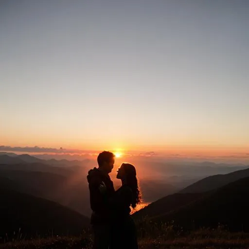 Prompt: couple facing sunset on mountains, silhouette, beauty
