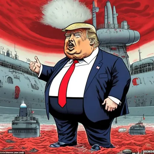 Prompt: Obese Trump  inside a blood dripping  nuclear submarine with nuclear warheads in drydock, stars and stripes, dark-blue suit, too long red tie to the floor, u-boat scene, muted colored, Sergio Aragonés MAD Magazine cartoon style
