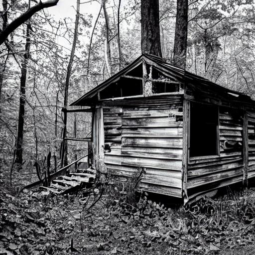 abandoned decaying cabin in the woods black and whi... | OpenArt