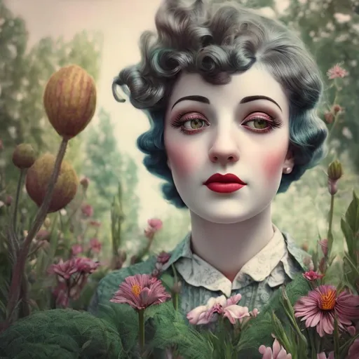 Prompt: Super realistic hyper 1920's style portrait in surrealistic garden. Dr suess vibes