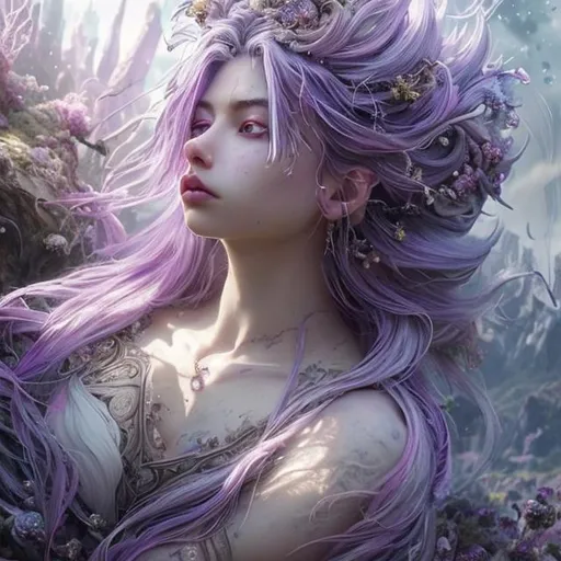 Prompt: (Purple gradient hair colour, messy), a beautiful, goddess (white gradient hair colour, messy),  crown, landscape, detailed, floral, fantasy, landscape, floral, goddess, soft, pretty visuals, aestheticfull body and face focus, intricate details, exceptional detail, fantasy, ethereal lighting, hyper sharp, sharp focus, photorealistic portrait, detailed face, highly detailed, realistic, hyper-realistic, colourful, unreal engine, Ultra realistic large chest, athletic body, Highly detailed photo-realistic digital artwork. High definition.  Biggals, beautiful face, beautiful body, beautiful eyes, beautiful hair, smooth textures, is a digital painting with vibrant colours and exceptional detail, created using 3DS Max, AppGameKit, and Behance HD, sketch




