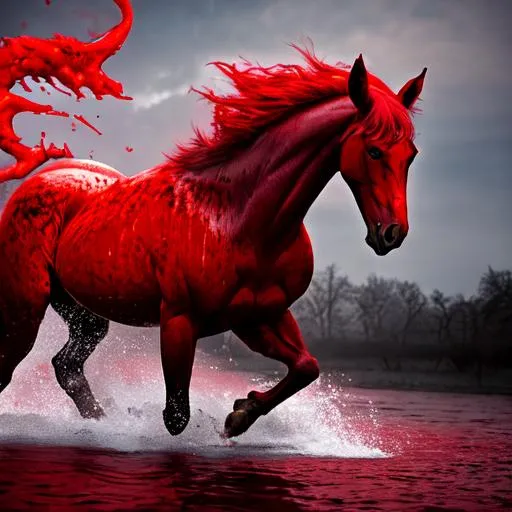 Prompt: Blood horse with blood mane in the river of blood, Front view, high-detail, dramatic lighting, digital art.