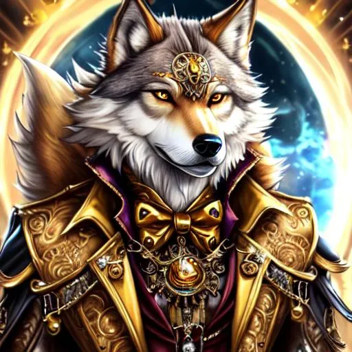 Prompt: This exquisite piece of art depicts a wonderfully rendered anthropomorphic male wolf fursona whose luxuriant coat displays dazzling hues of gold silver and bronze astutely combined to create a truly radiant sight to behold The charming wolf is also brilliantly adorned in a marvelous steampunk tailcoat stealthily crafted with intricate precision and a keen eye for detail The whimsical environment in which the wolf scout is placed is a marvelously imaginative and wondrously realized fantasy world built of fantastic dreams and blessed with a unique and inspiring vision