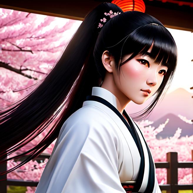 Young Samurai with long black hair and ponytail, wea... | OpenArt