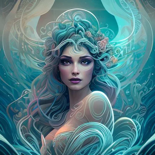 Prompt: illustration of a beautiful woman in her 30s, goddess of the fae, in the ocean, soft lighting, light rays through water, stylized with spirals, perfect symmetrical face, makup, dramatic background, seductive, 105mm, creative bokeh, full body, intricate clothing, fantasy, artstation, very complex hyper-maximalist, overdetailed, 3d ray tracing, tribal, 8k resolution, Ultra-detailed 3D Octane Render, photorealistic, concept art, Sharp Focus, golden ratio, low-angle, intense shadows, intense lighting, splash screen, tonemapping.
