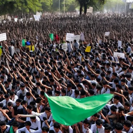 Prompt: Photo 5000 students protest against failed exams.and they say branu dawon.text 
