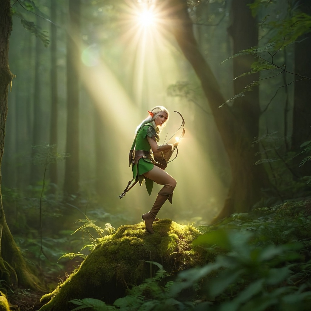 Elf ranger in a mystical forest around sunlight