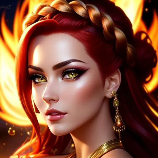 Prompt: {{{{highest quality stylized character masterpiece}}}} best award-winning digital oil painting splash screen art with {{lifelike textures brush strokes}} perfect closeup of surrealistic provocative arousing seductive stunning beautiful feminine 22 year nordic fire goddess {{natural NO makeup face}} with {{red braided hair}} and {{beautiful yellow eyes}} wearing {{dark ember fractal outfit}} with deep exposed visible cleavage and tight beautiful belly pooch kneeling before gates of hell background in hyperrealistic intricate perfect 128k UHD HDR,
wonderful extremely detailed stunning natural beauty face with romance glamour soft skin and red blush cheeks and cute sadistic smile and {{seductive love gaze at camera}},
perfect anatomy in perfect colored shaded composition of professional sharp focus RAW photography with depth of field, 
cinematic volumetric dramatic 3d lighting, 
{{sexy}} {{huge breast}} physics-based rendering cgi masterpiece