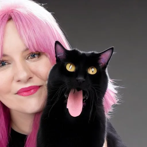 Prompt: A black cat named Goober that is part demon and part adorable fuzzball of doom sitting on a cute pink haired thirty year old woman's lap, perfect composition, hyperrealistic, super detailed, 8k, high quality, trending art, trending on artstation, sharp focus, studio photo, highly detailed