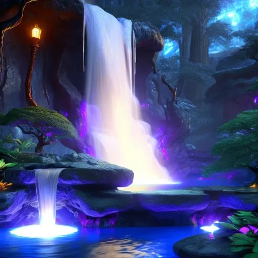 Prompt: Envision a glowing waterfall in a lush forest. Fantasy, another dimension. Hyperrealistic, UHD, HD, 8K, a portal rests besides the river