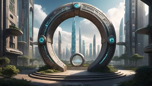 Prompt: magical portal between cities realms worlds kingdoms, circular portal, ring standing on edge, upright ring, freestanding ring, hieroglyphs on ring, complete ring, obelisks, gardens, hotels, office buildings, shopping malls, futuristic towers, large wide-open city plaza, panoramic view, futuristic cyberpunk dystopian setting