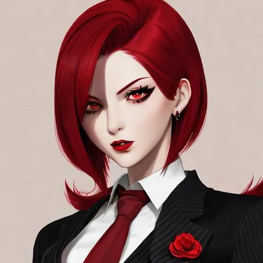 Prompt: Cherry black and red hair as mafia boss 