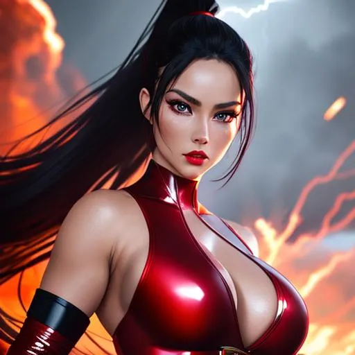 Prompt: a woman wearing a red bodysuit, wild flying black long hair in a ponytail, eyes fierce staring at the camera,  beautiful hyperdetailed gloss lips, body facing camera, whole body  in the centre of the photo,

in a fantasy landscape background with lightning and fire,

perfect composition, hyperrealistic, photorealism, super detailed, 8k, high quality, trending art, trending on artstation, sharp focus, studio lighting, intricate details, hyperdetailed,  