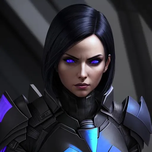 Prompt: A woman with {black} hair with {purple} eyes and wearing {black and blue} armor {Mass effect vibe} 