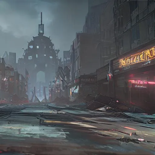 Prompt: Destroyed city with sign saying welcome to raccoon city