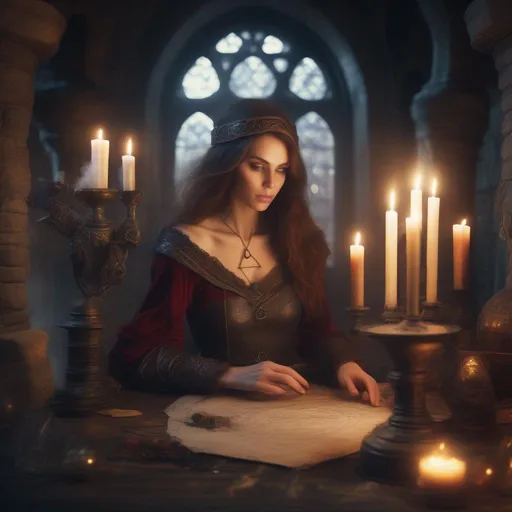 Prompt: Mysterious beautiful sorceress surrounded by magical ephemoral essence in a medieval castle alchemy lab