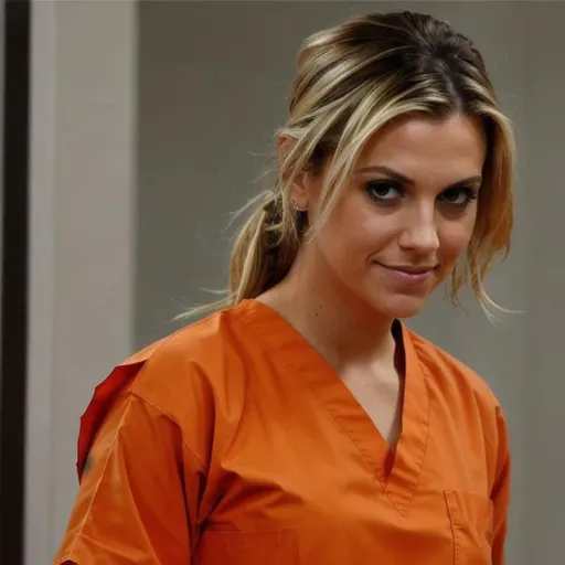 Prompt: brit morgan in prison wearing orange scrubs prison uniform