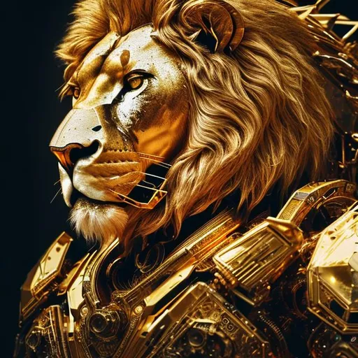 Prompt: 64K UHD, close up polaroid portrait image of a mecha lion, gold plated armor, shining gold fabric hair, intricate details, canon wide angle shot