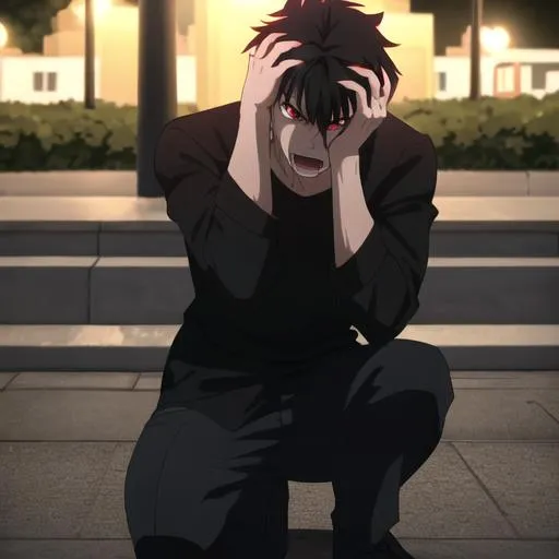 Prompt: Damien (male, short black hair, red eyes) in the park at night, casual outfit, dark out, nighttime, midnight, on his knees, screaming in pain, hands on his head, angry