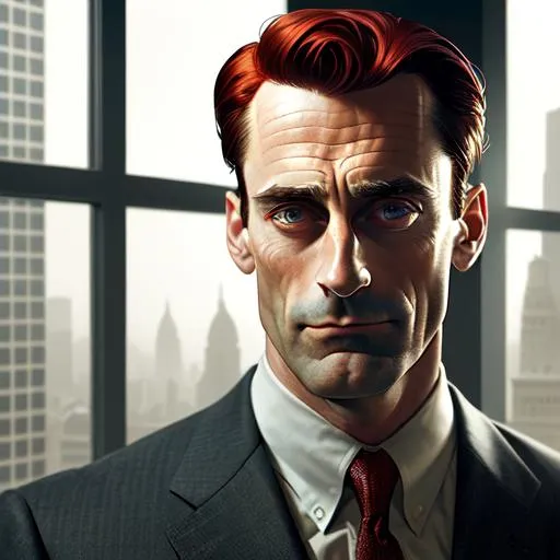 Prompt: Portrait of John Hamm as Howard Roark with reddish hair and with heoric and stearn face, architect office background, perfect composition, hyperrealistic, super detailed, 8k, high quality, trending art, trending on artstation, sharp focus, studio photo, high key lighting, intricate details, highly detailed, by greg rutkowski