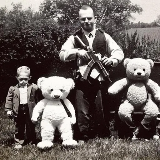 Prompt: Armed killer teddy and his family