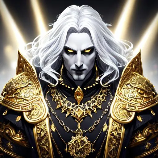 Prompt: Fantasy style, a hyper realistic detailed image of undead king, black lips, covered in nightly glow, looking straight ahead, body facing camera, camera top third of image, perfect composition, super detailed, sharp focus HDR, UDR, 120k, square jaw, black and gold coloured thick wide dress, Gold shoulder plates, long straight shiny white hair, radient gold eyes, in a dark stary night-time fantasy background, black sand covered jewellery. Gold bird skull necklace, gold crown, Galactic nails, sun orb 