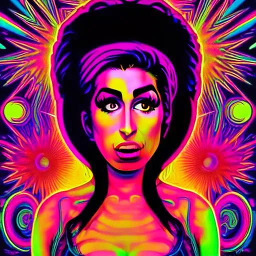 Prompt: Hypnotic illustration of Amy Winehouse, hypnotic psychedelic art by Dan Mumford, pop surrealism, dark glow neon paint, mystical, Behance