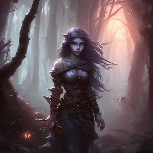 Prompt: pretty Medieval girl wandering through a dark forest with eyes peering at her, style of Alayna Lemmer
