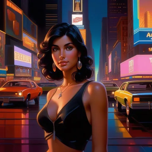 Prompt: Third person, gameplay, Italian-American girl, olive skin, black hair, brown eyes, 1980s, Times Square at night, neon, warm atmosphere, cartoony style, extremely detailed painting by Greg Rutkowski and by Henry Justice Ford and by Steve Henderson 

