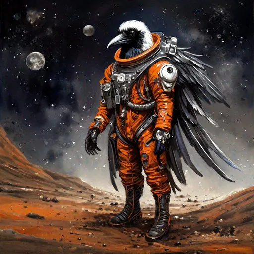 Prompt: a raven is in space suit, standing in the dirt, in the style of fantasy art, dark white and dark orange, steampunk, flickr, charming characters, marine painter, hd --ar 10:13