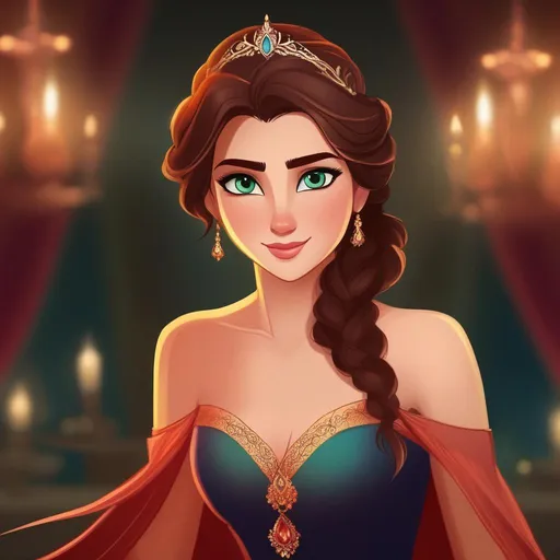 Prompt: elsa's fire-weilding cousin with a redish color scheme with dark brown hair and brownish greenish eyes