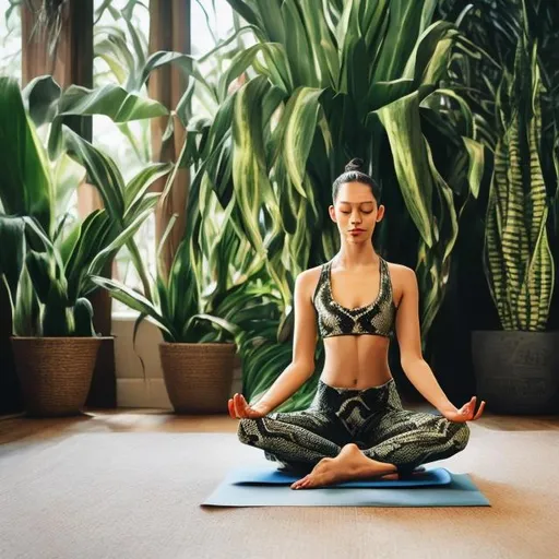 Prompt: Give a picture of a snake plant so that one person who is doing yoga is meditating