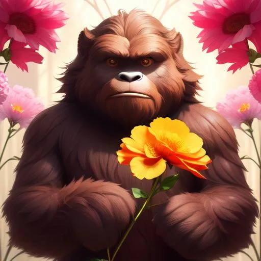 Prompt: Extremely Ultrarealistic Photorealistic cute Bigfoot creature holding a flower, by James Jean and Android Jones: Jeff Koons: Erin Hanson: Joe Fenton: Dan Mumford: professional photography, natural lighting, volumetric lighting maximalist photoillustration 8k resolution concept art intricately detailed, complex, elegant, expansive, fantastical: