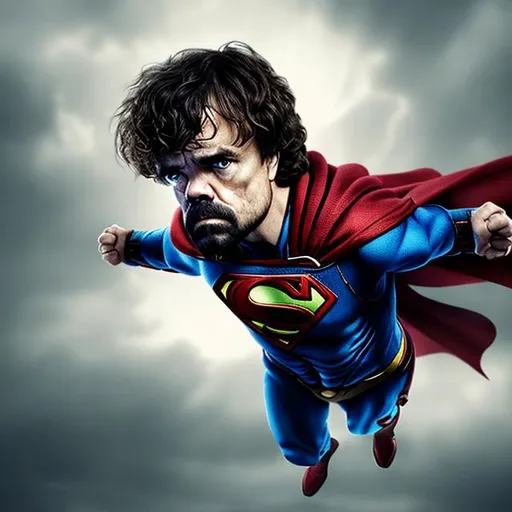 Prompt: peter dinklage as flying superman hyper realistic extremely detailed dark cinematic UHD