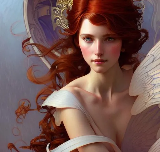 Prompt: genevieve, patron saint of France, auburn hair, gorgeous, amazing, elegant, intricate, highly detailed, digital painting, artstation, concept art, sharp focus, illustration, art by artgerm and greg rutkowski and alphonse mucha