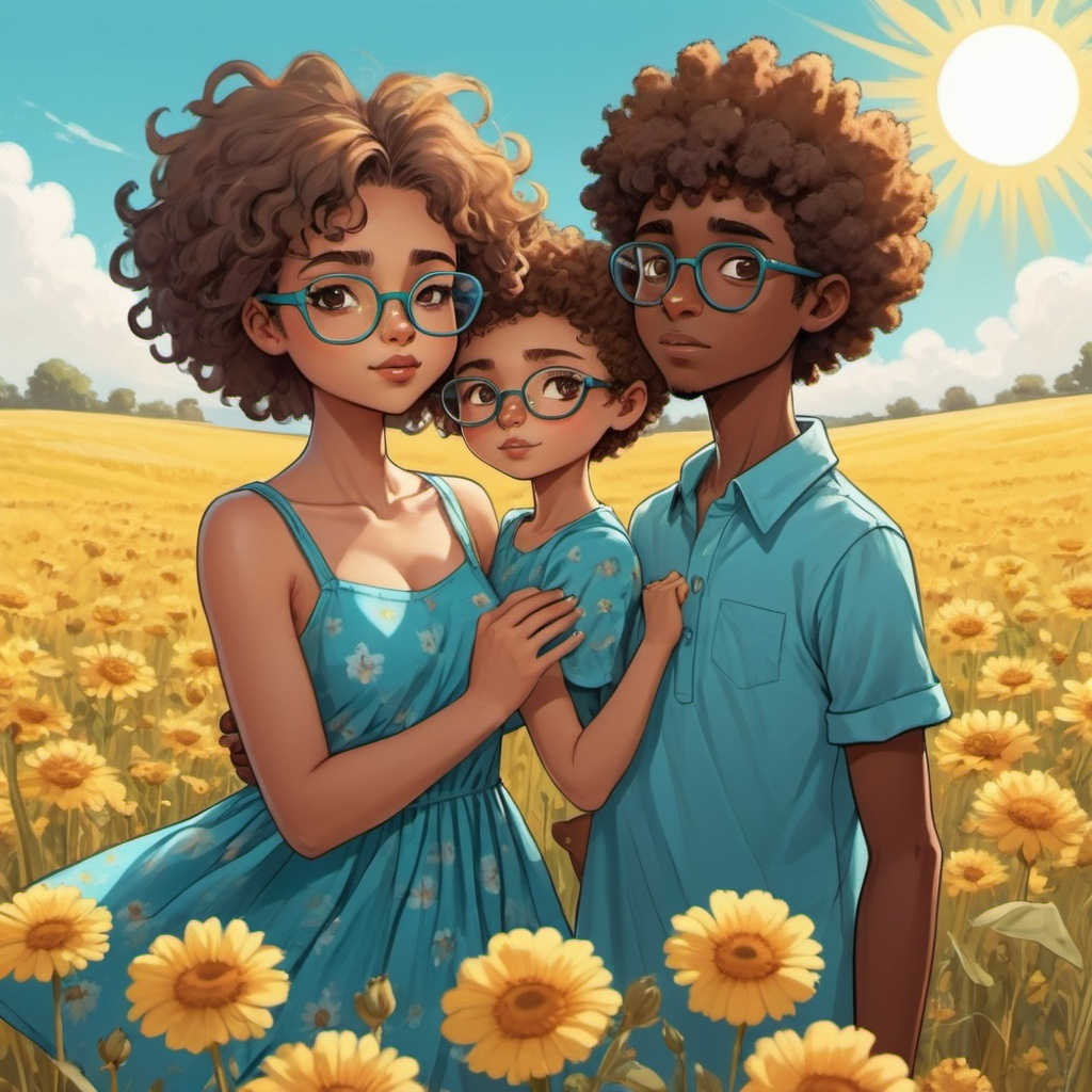 Cartoon short afro haired girl with big bright brown eyes with a teal blue summer dress blowing in t