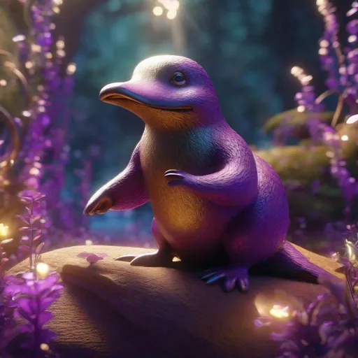 Prompt: Enchanted purple and brown platypus in the Fairyland Forest, Sitting upright on hind legs, Perched like a bird, with arms in a comfortable position, Furry, close-up, textured, Faded, game icon, bright colors, surrealism, golden hour sun lighting, Hyperrealistic textures, intricate details, architectural visualization, Corona render, 8k