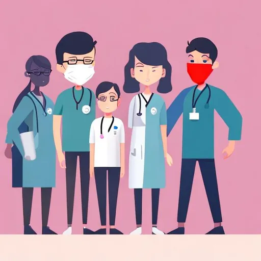 Prompt: cartoon humans with a 2d minimal look helping a patient 
