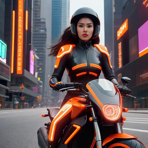 Prompt: super realistic textured depiction of a  woman wearing a tight leather suit, no helmet, long brown hair, fair skin, brown eyes, red lips with neon orange decals on a futuristic tron styled black sport motorcycle with orange stickers driving down a futuristic street surrounded by tall colorful skyscrapers