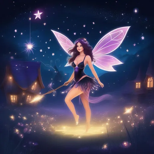 Prompt: Gorgeouse full body image of buxom woman in a skimpy, fairy style, witch outfit at night with fairies flying around on a breathtaking night with shooting stars