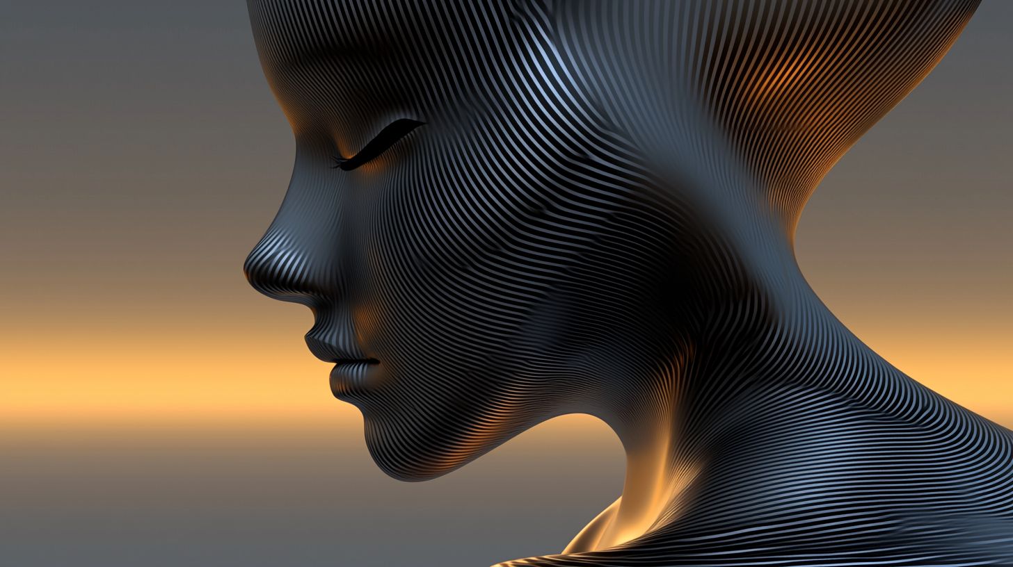 Prompt: Digital art of a face patterned with black and white stripes, where the surface mirrors chrome reflections. The scene is enhanced by quantum wavetracing, offering a unique visual experience. The backdrop blends light bronze and dark blue, alluding to a multimedia installation with strong futurist influences. Certain features stand out with selective focus.