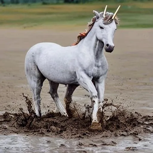 Prompt: unicorn stuck in quicksand sinking mud 